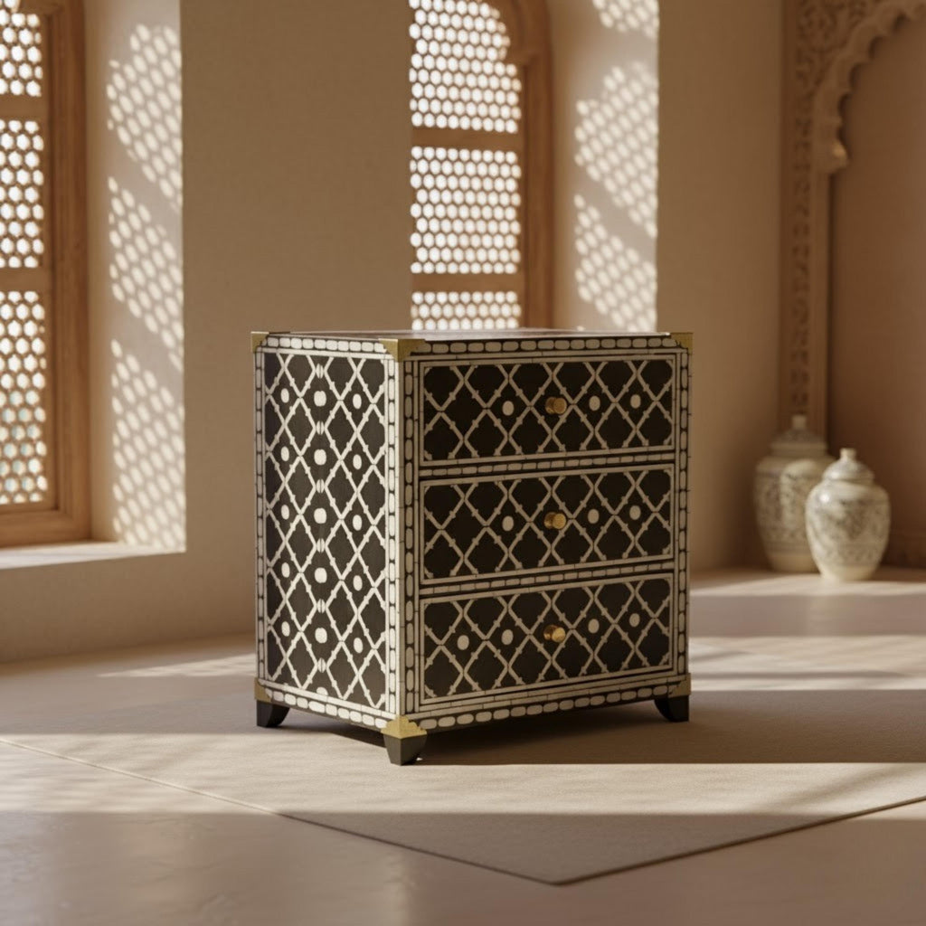 Blue Bone Inlay Nightstand | Moroccan Quatrefoil Bedside Table | Handmade Decorative Accent Table for Bedroom & Living Room