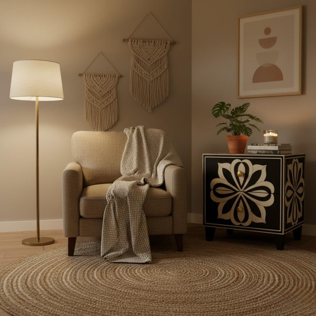 Blue Resin Inlay Bedside Table | Handmade Floral Nightstand | Premium Indian Accent Table for Home Decor