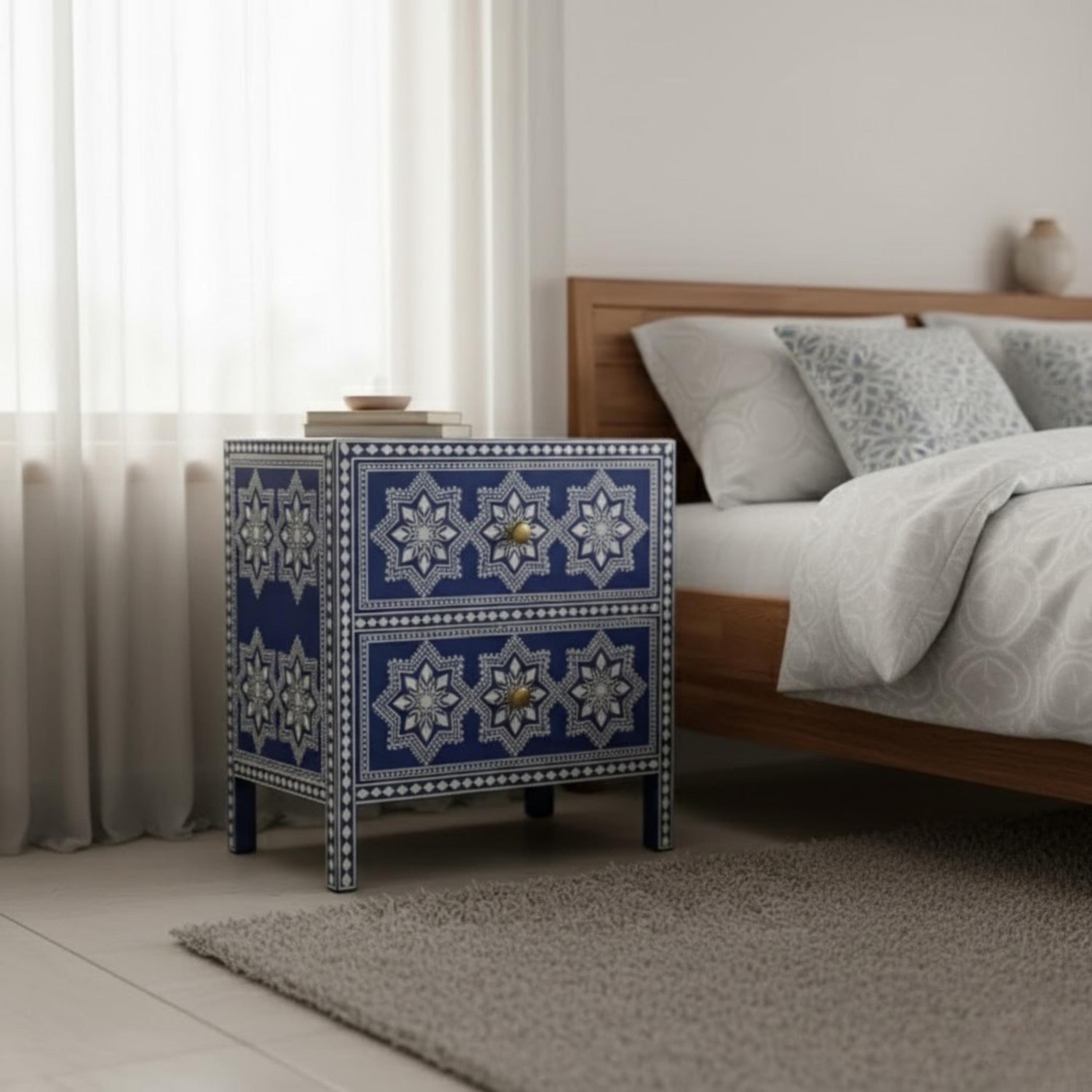 Handmade Black Bone Inlay Nightstand | Star Pattern Bedside End Table | Elegant Indian Home Decor Furniture