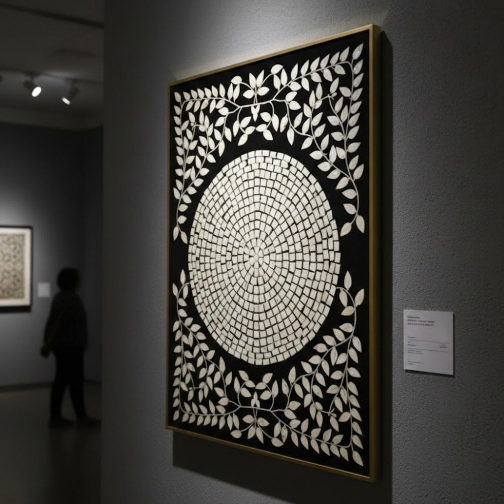 Bone Inlay Black & White Wall Art | Handmade Resin Leaf Mandala Panel for Modern, Boho & Minimalist Home Decoration