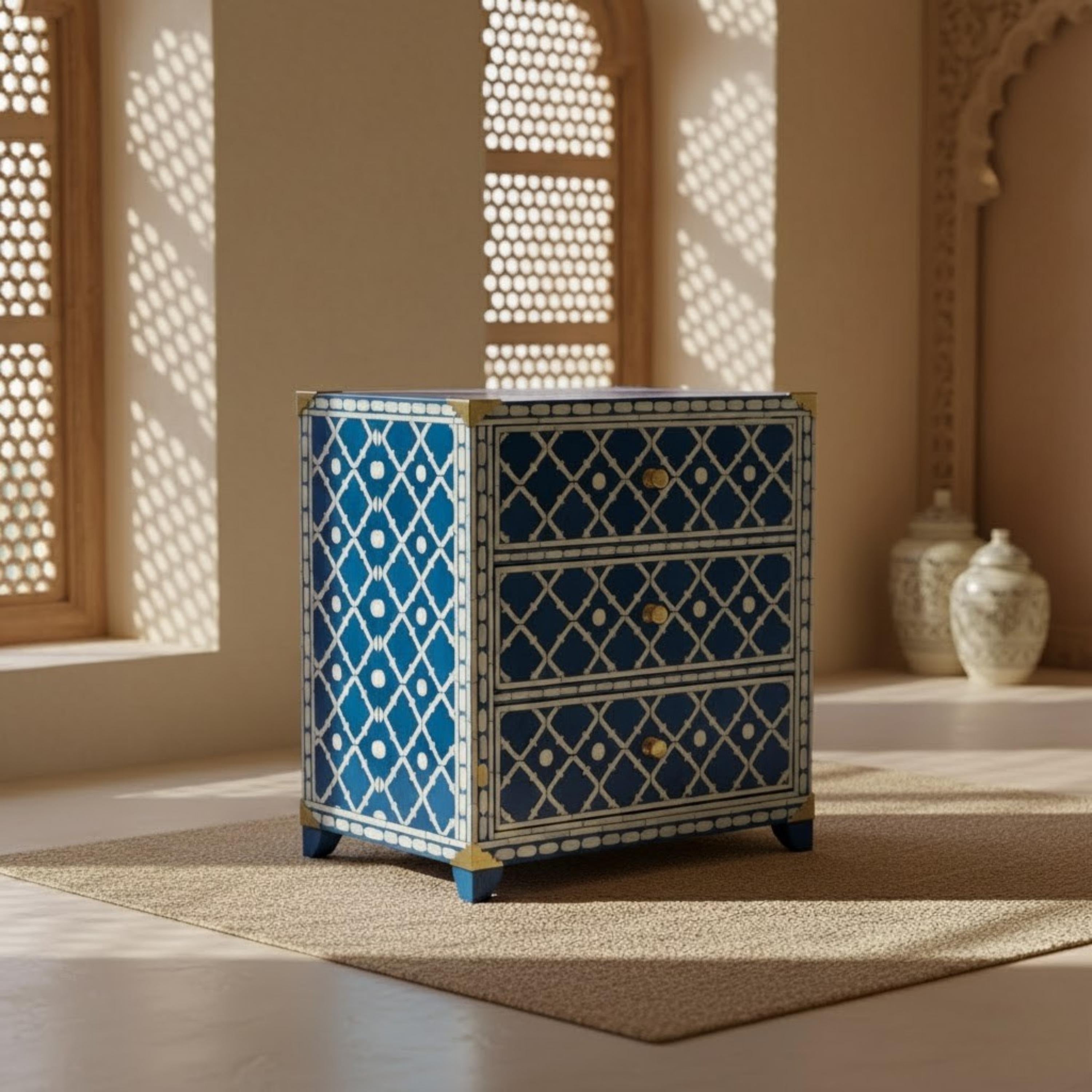 Blue Bone Inlay Nightstand | Moroccan Quatrefoil Bedside Table | Handmade Decorative Accent Table for Bedroom & Living Room
