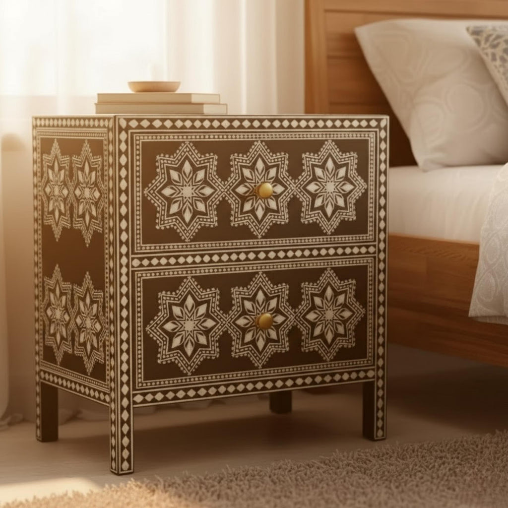 Handmade Black Bone Inlay Nightstand | Star Pattern Bedside End Table | Elegant Indian Home Decor Furniture