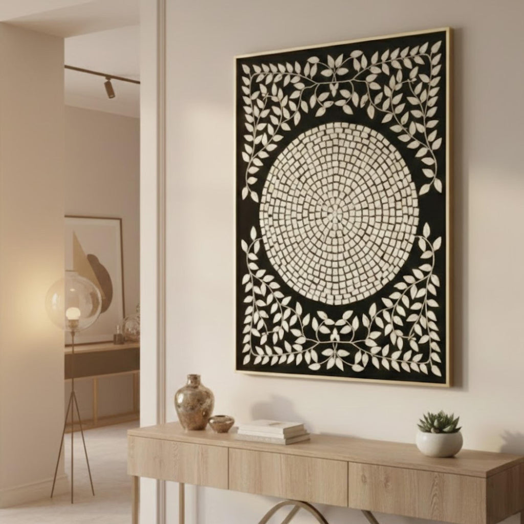 Bone Inlay Black & White Wall Art | Handmade Resin Leaf Mandala Panel for Modern, Boho & Minimalist Home Decoration