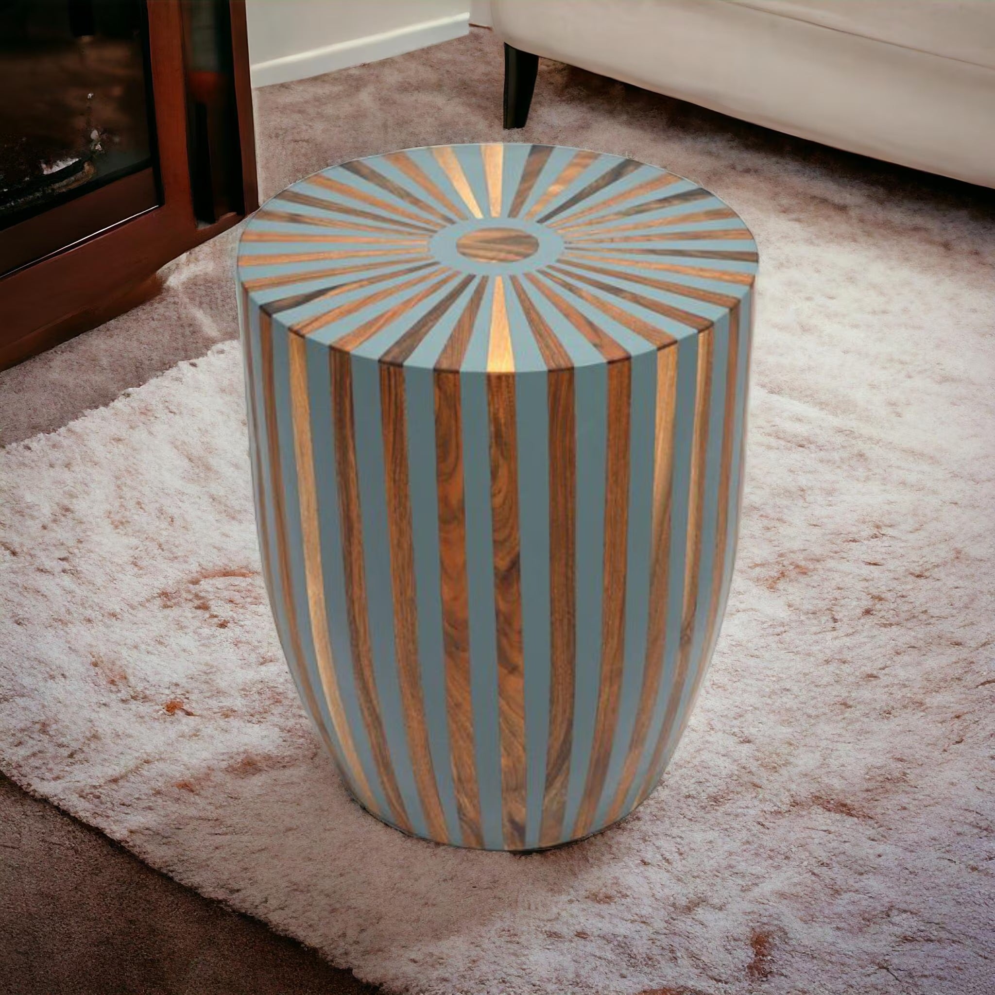 Moroccan Walnut Resin Inlay Side Table | Barrel-Shaped Handmade Accent Table | Contemporary Decorative Furniture Piece