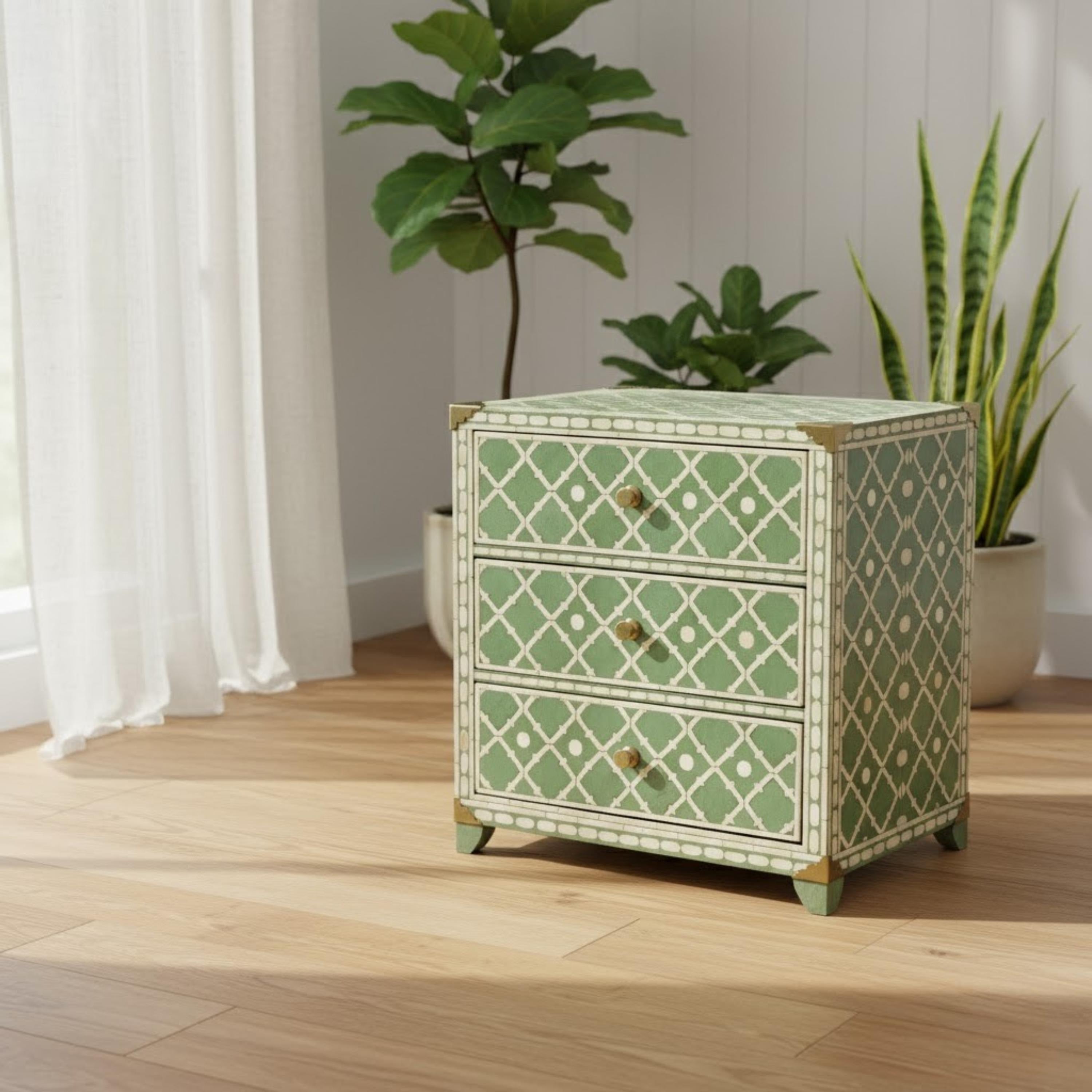 Blue Bone Inlay Nightstand | Moroccan Quatrefoil Bedside Table | Handmade Decorative Accent Table for Bedroom & Living Room