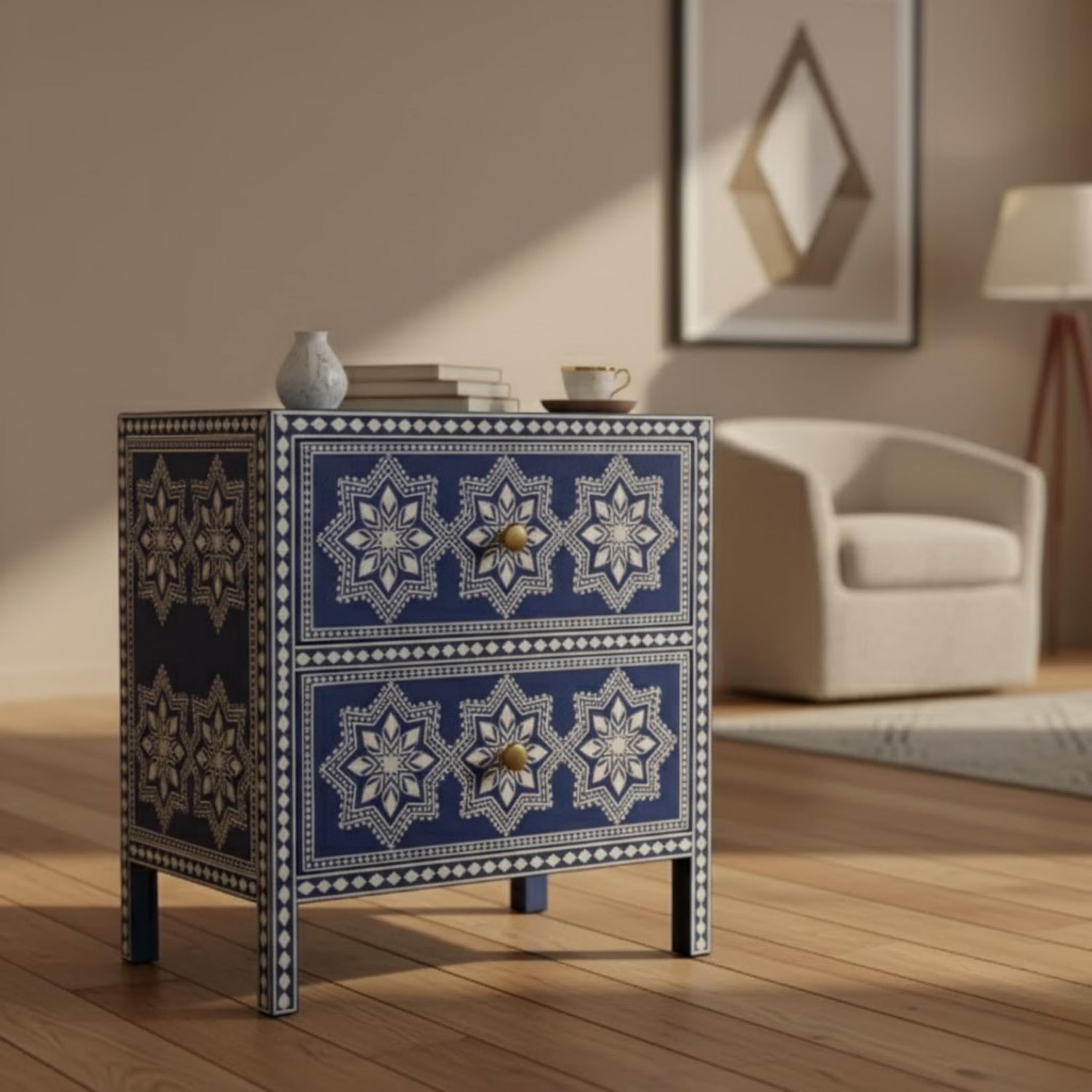 Handmade Black Bone Inlay Nightstand | Star Pattern Bedside End Table | Elegant Indian Home Decor Furniture