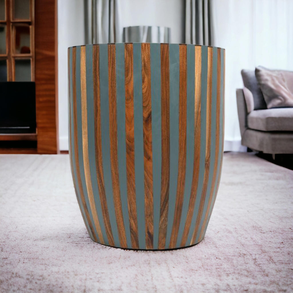 Moroccan Walnut Resin Inlay Side Table | Barrel-Shaped Handmade Accent Table | Contemporary Decorative Furniture Piece