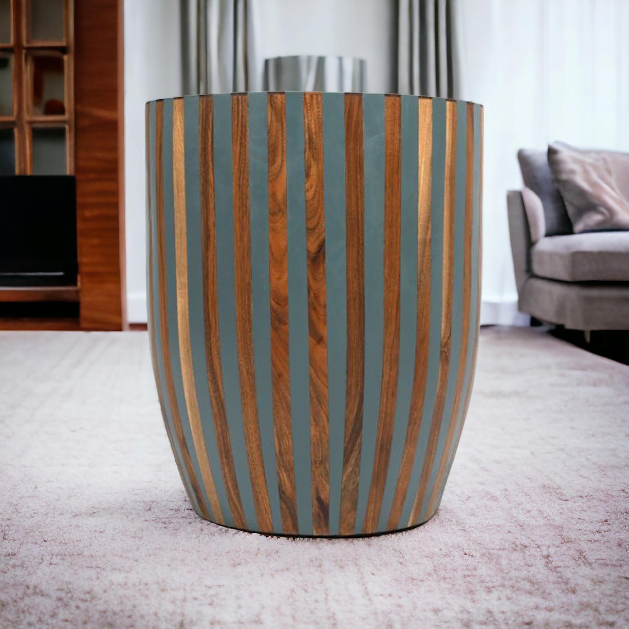 Moroccan Walnut Resin Inlay Side Table | Barrel-Shaped Handmade Accent Table | Contemporary Decorative Furniture Piece
