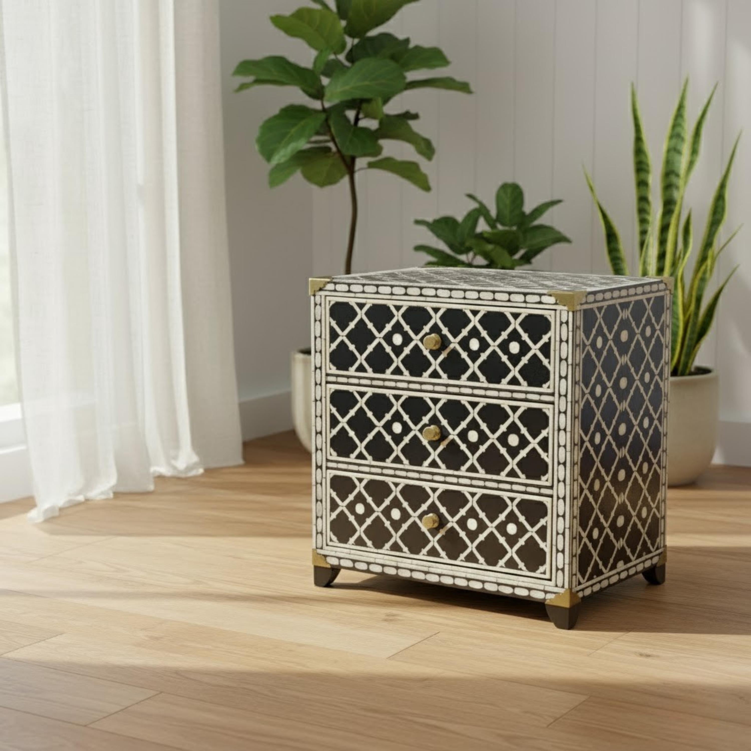 Blue Bone Inlay Nightstand | Moroccan Quatrefoil Bedside Table | Handmade Decorative Accent Table for Bedroom & Living Room