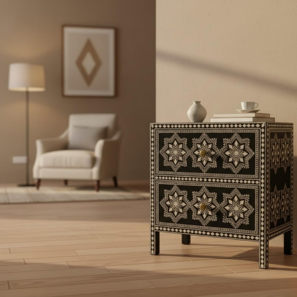 Handmade Black Bone Inlay Nightstand | Star Pattern Bedside End Table | Elegant Indian Home Decor Furniture