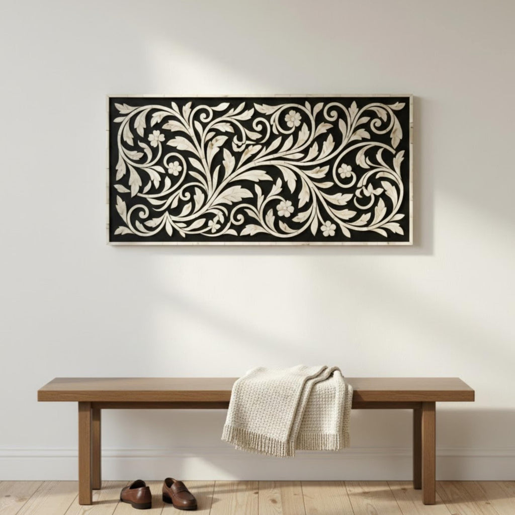 Bone Inlay Floral Resin Wall Art Panel | Handmade Wall Hanging | Decorative Resin Panel for Living Room, Bedroom, Entryway & Hallway Home Decor