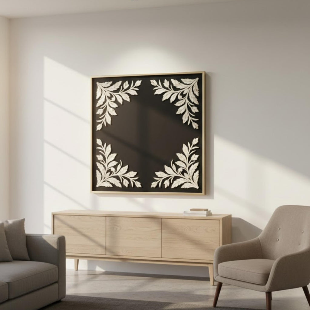 Handmade Bone Inlay Corner Floral Wall Panel | Black & White Resin Art for Modern, Minimalist & Boho Home Décor