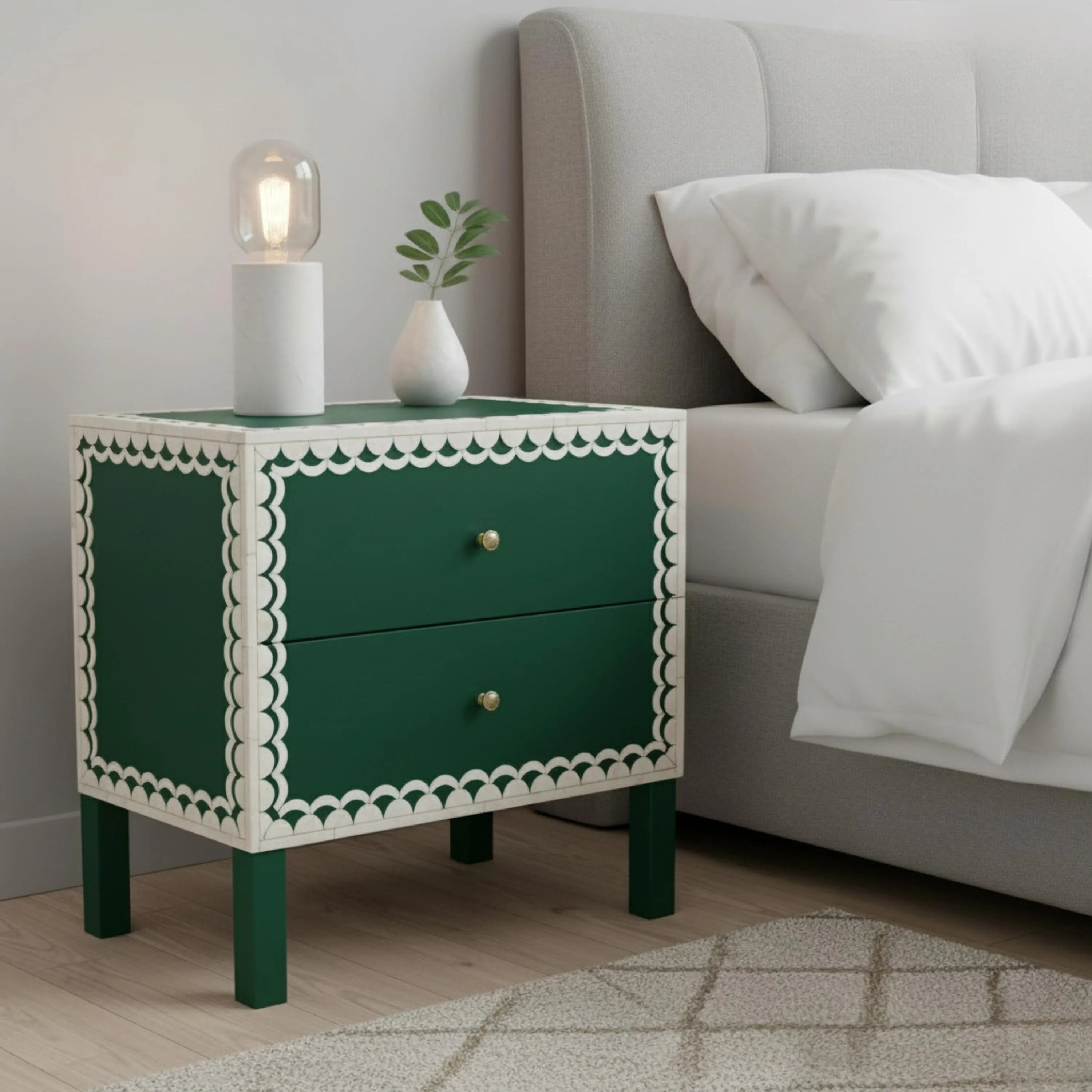 Bone Inlay Nightstand | Green Resin Bedside Table with Drawers | Handmade Decorative Accent Table for Bedroom & Living Room