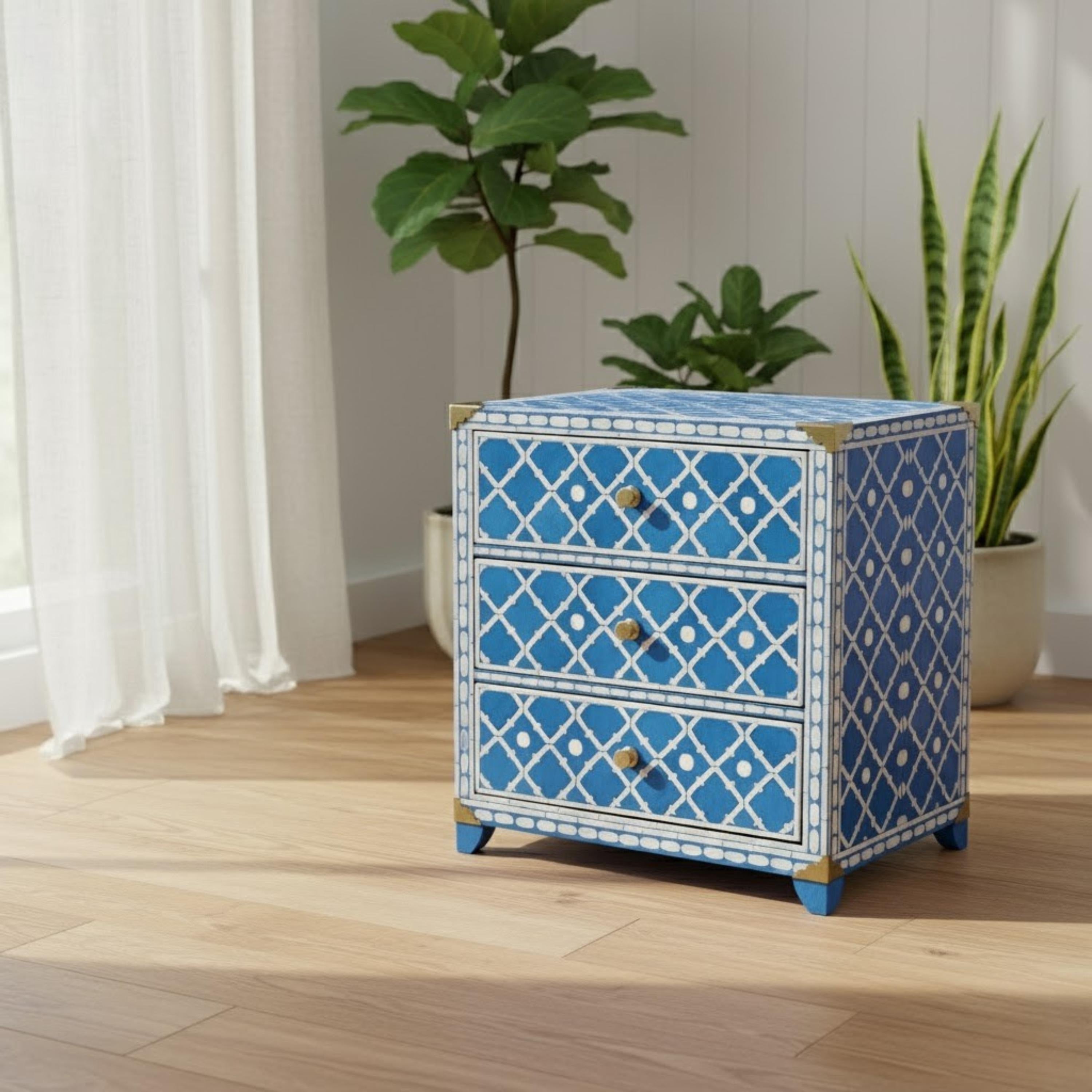 Blue Bone Inlay Nightstand | Moroccan Quatrefoil Bedside Table | Handmade Decorative Accent Table for Bedroom & Living Room