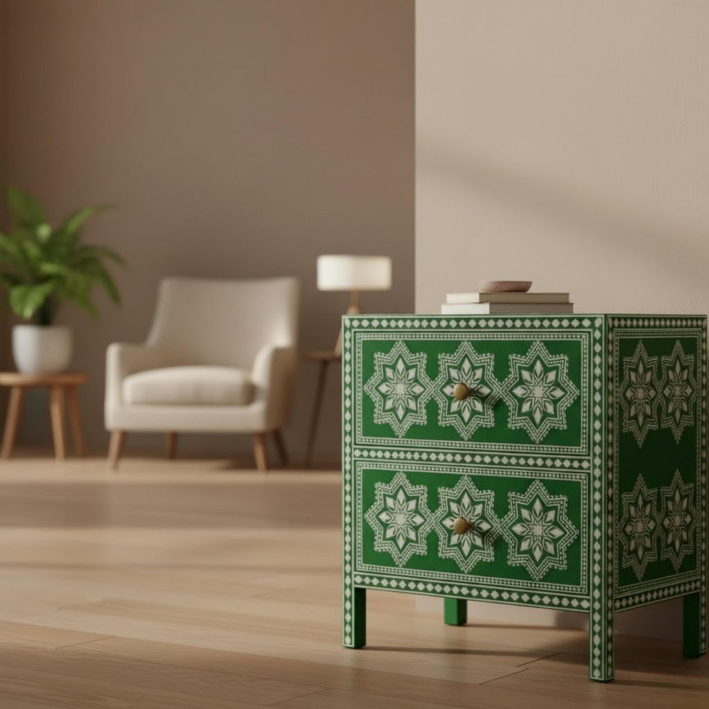 Handmade Black Bone Inlay Nightstand | Star Pattern Bedside End Table | Elegant Indian Home Decor Furniture