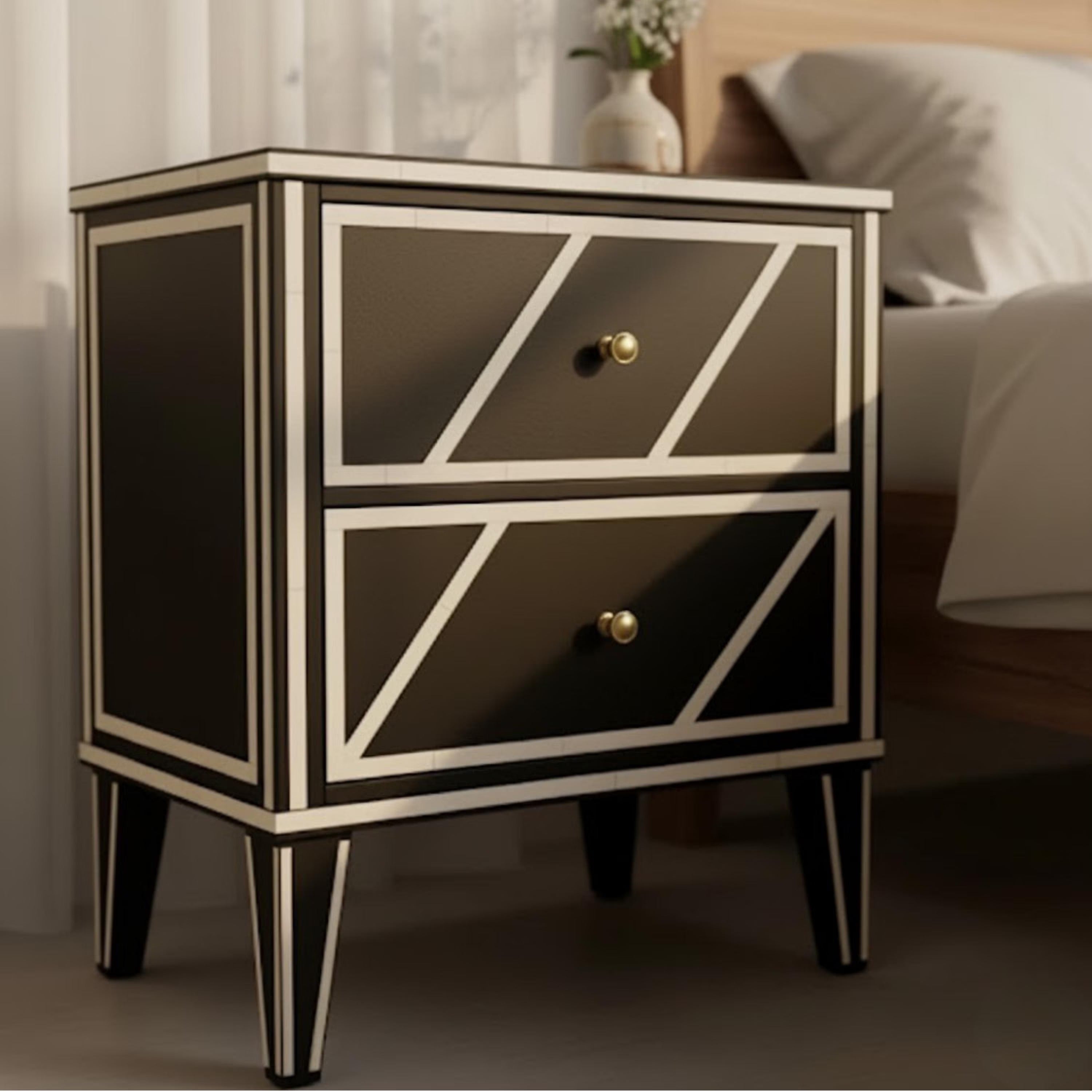 Luxury Blue Bone Inlay Nightstand | Handmade Geometric Bedside Table | Bedroom & Living Room Accent Furniture