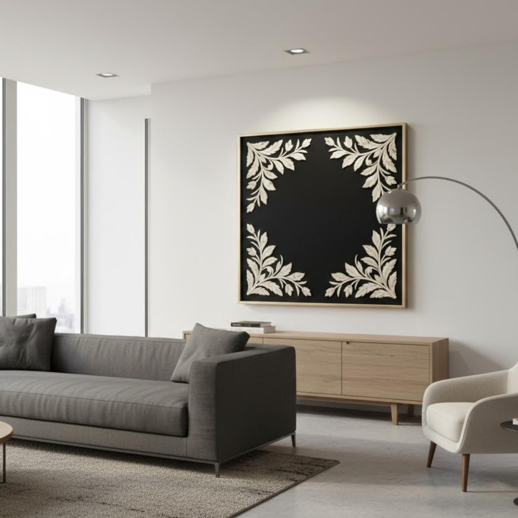 Handmade Bone Inlay Corner Floral Wall Panel | Black & White Resin Art for Modern, Minimalist & Boho Home Décor