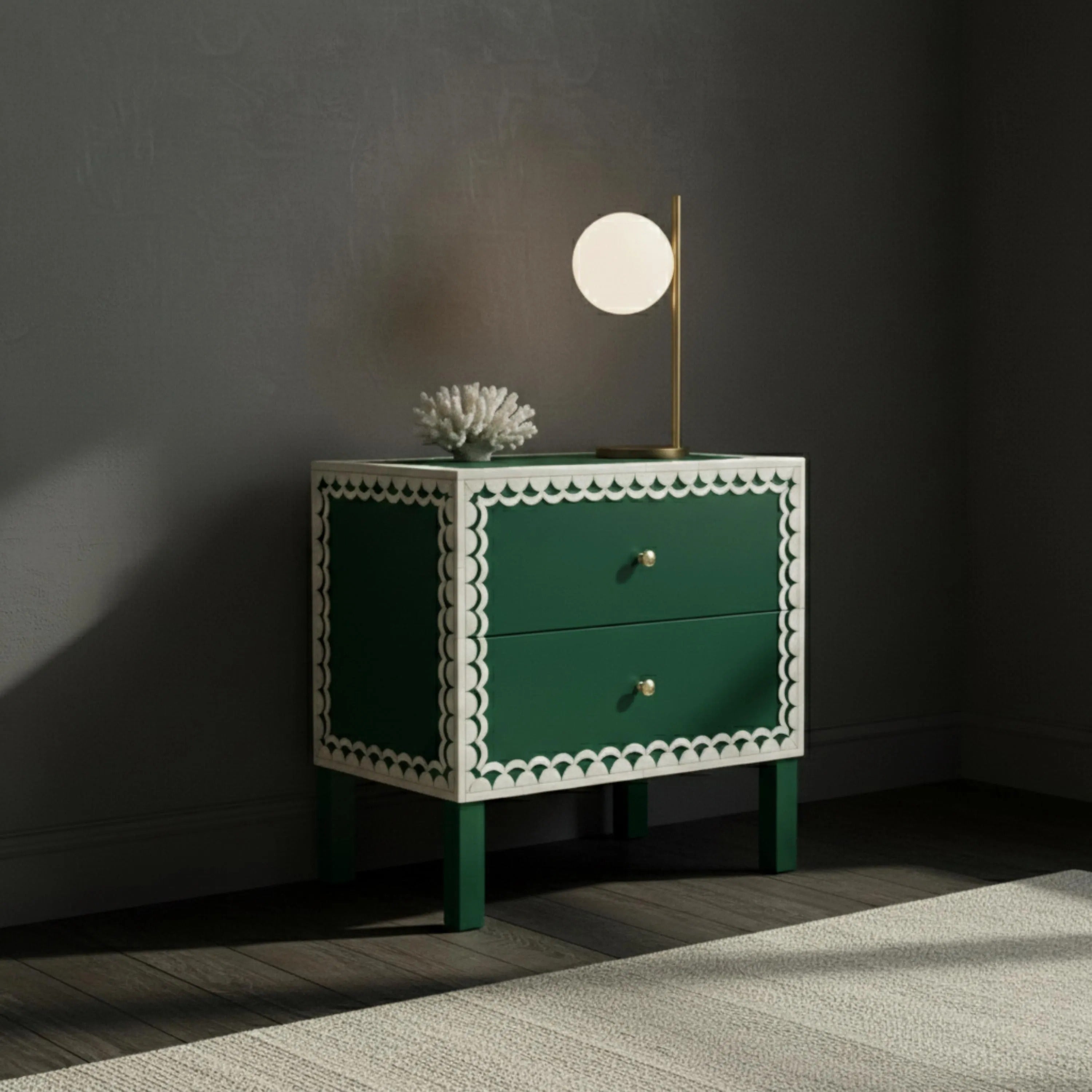 Bone Inlay Nightstand | Green Resin Bedside Table with Drawers | Handmade Decorative Accent Table for Bedroom & Living Room