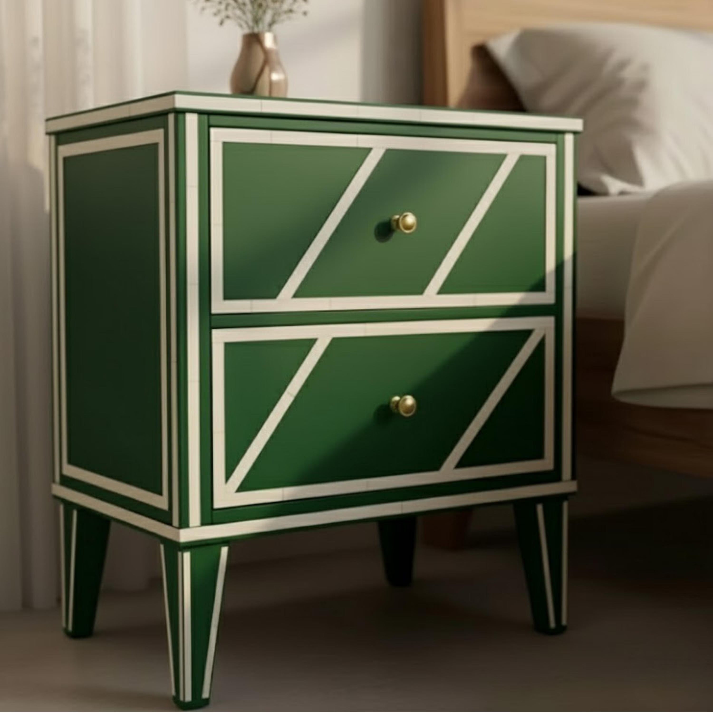 Luxury Blue Bone Inlay Nightstand | Handmade Geometric Bedside Table | Bedroom & Living Room Accent Furniture