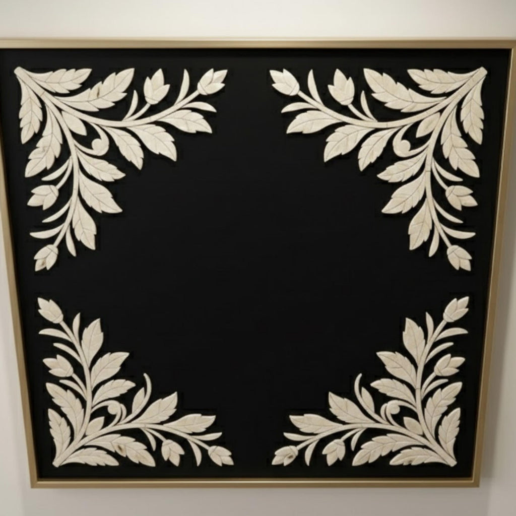 Handmade Bone Inlay Corner Floral Wall Panel | Black & White Resin Art for Modern, Minimalist & Boho Home Décor
