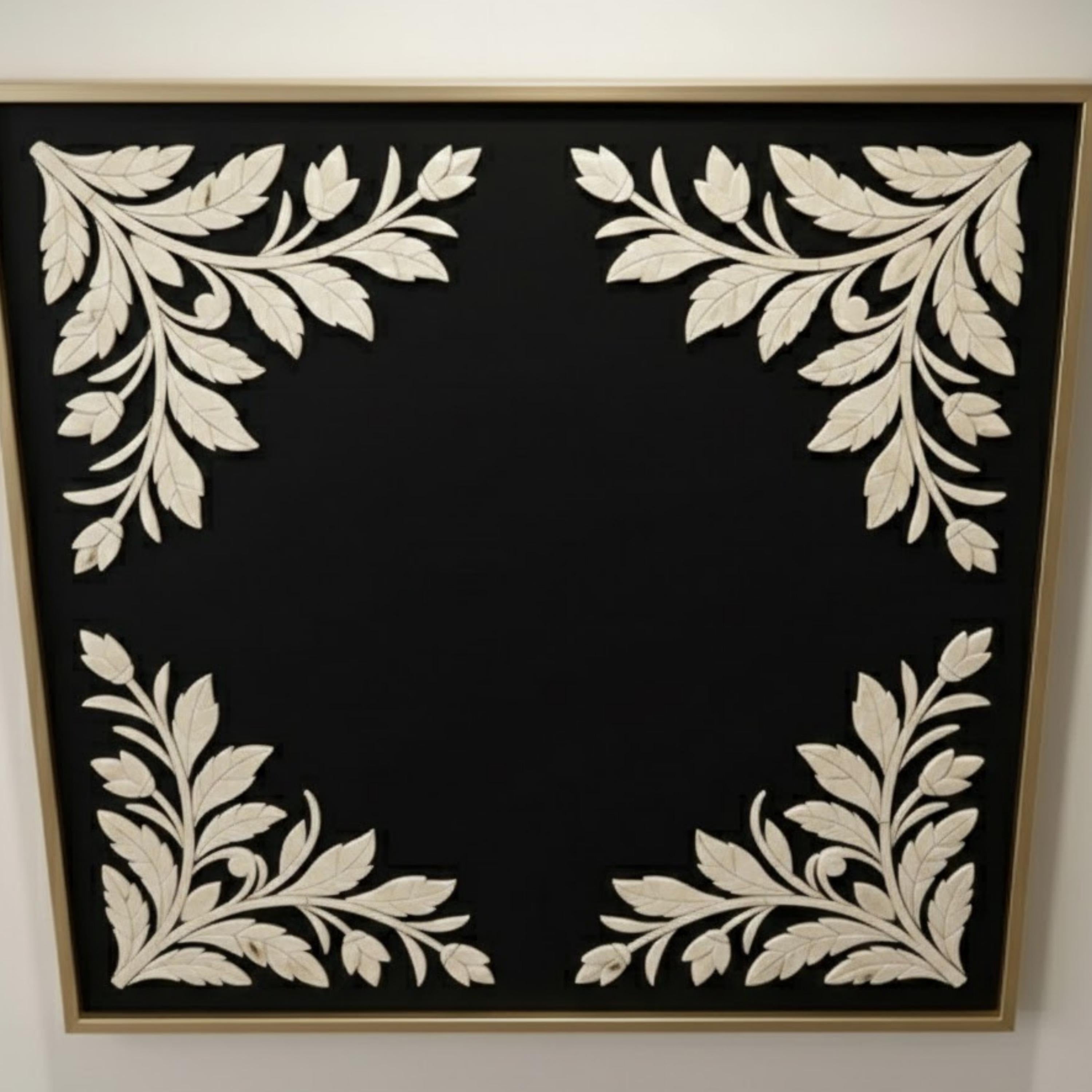 Handmade Bone Inlay Corner Floral Wall Panel | Black & White Resin Art for Modern, Minimalist & Boho Home Décor