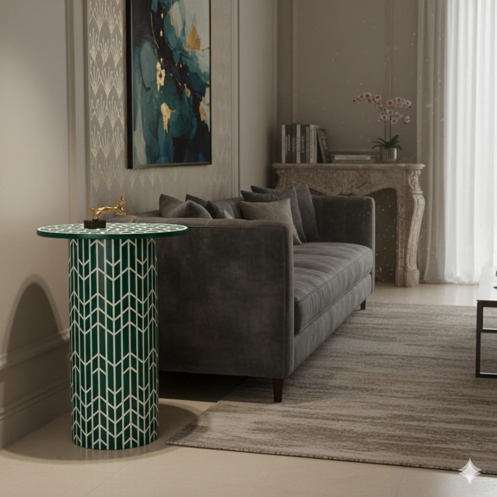 Modern Green Resin End Table | Geometric Design Handmade Accent Table | Elegant Side Table for Bedroom & Living Room