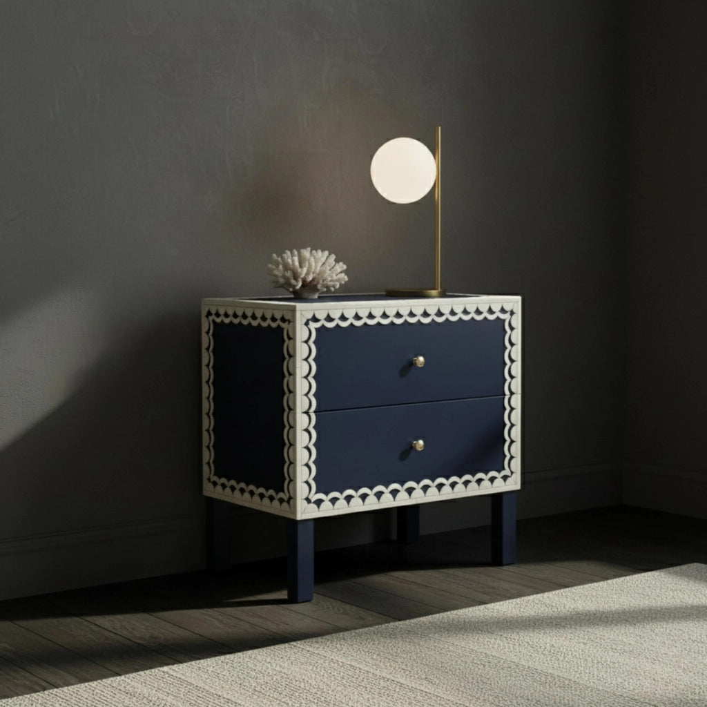 Bone Inlay Nightstand | Green Resin Bedside Table with Drawers | Handmade Decorative Accent Table for Bedroom & Living Room