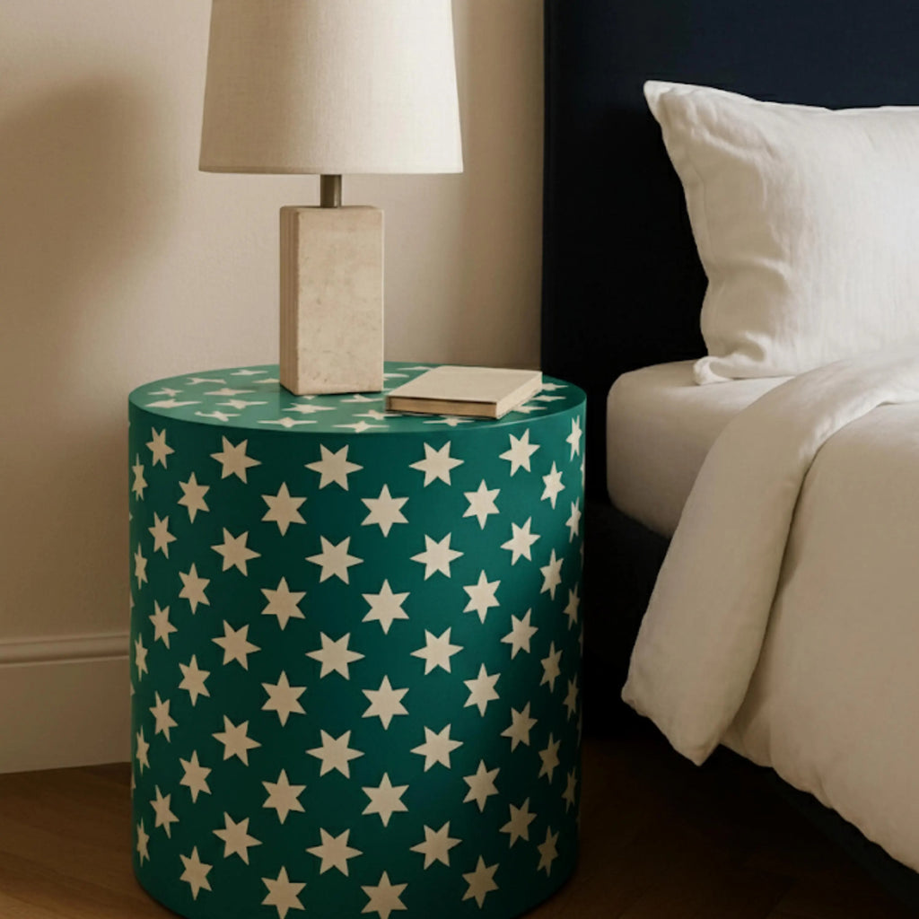 Blue Resin & Bone Inlay Star End Table | Handmade Decorative Accent Table for Living Room & Bedroom