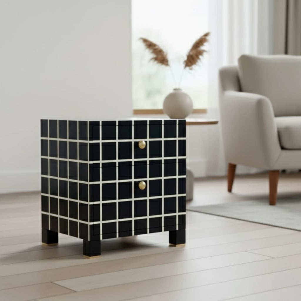 Bone Inlay Resin Nightstand | Handmade End Table | Premium Indian Furniture for Bedroom & Living Room