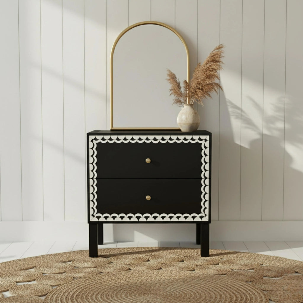 Bone Inlay Nightstand | Green Resin Bedside Table with Drawers | Handmade Decorative Accent Table for Bedroom & Living Room