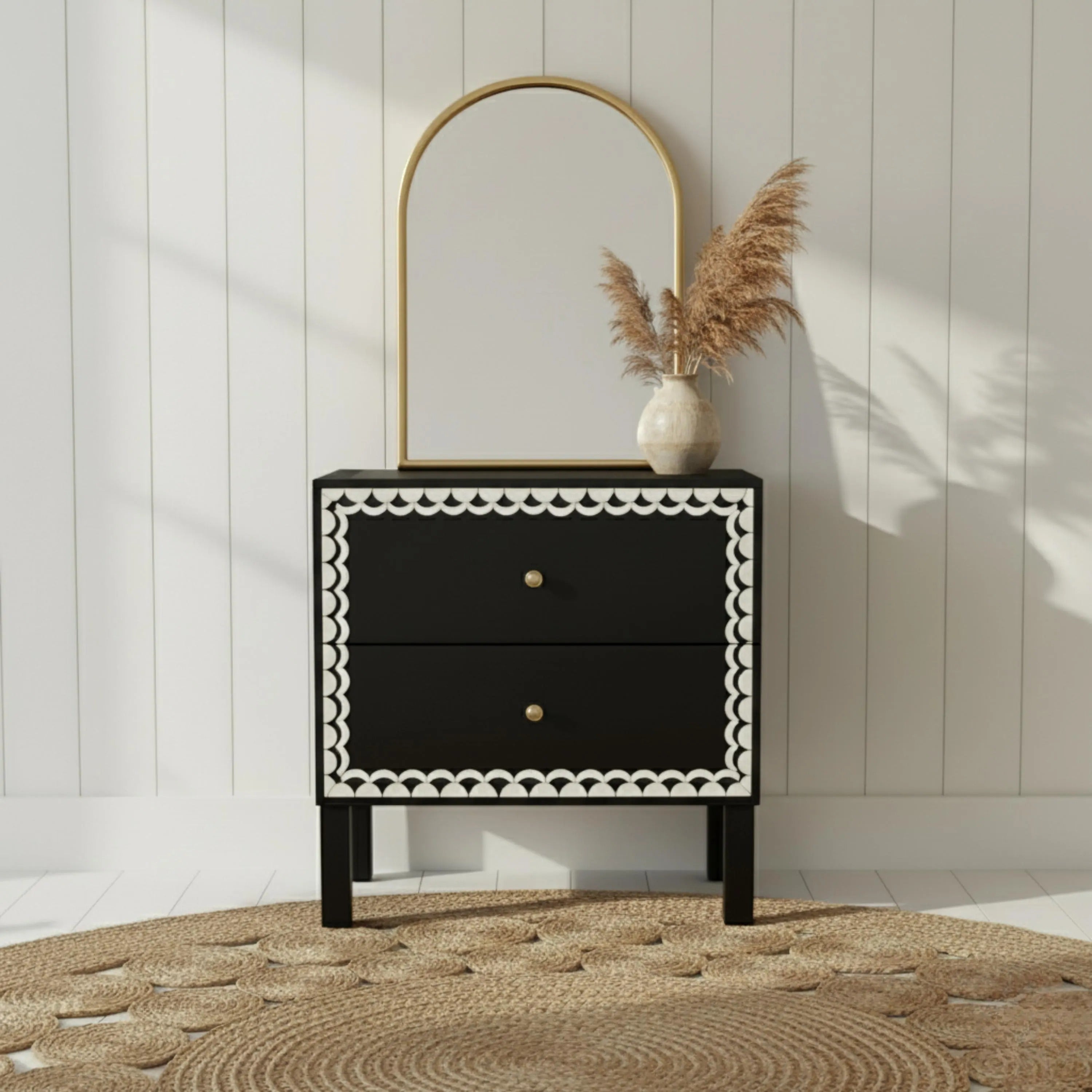 Bone Inlay Nightstand | Green Resin Bedside Table with Drawers | Handmade Decorative Accent Table for Bedroom & Living Room