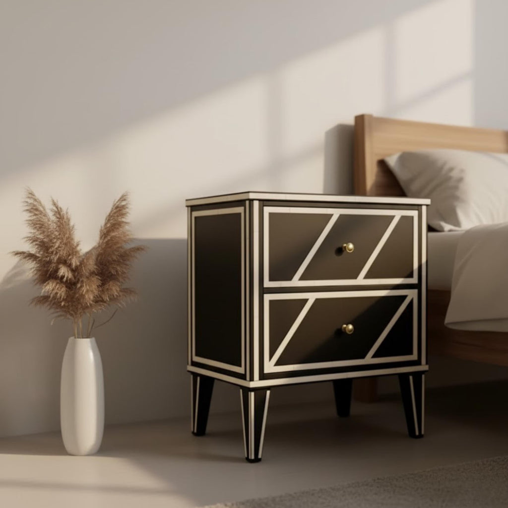 Luxury Blue Bone Inlay Nightstand | Handmade Geometric Bedside Table | Bedroom & Living Room Accent Furniture