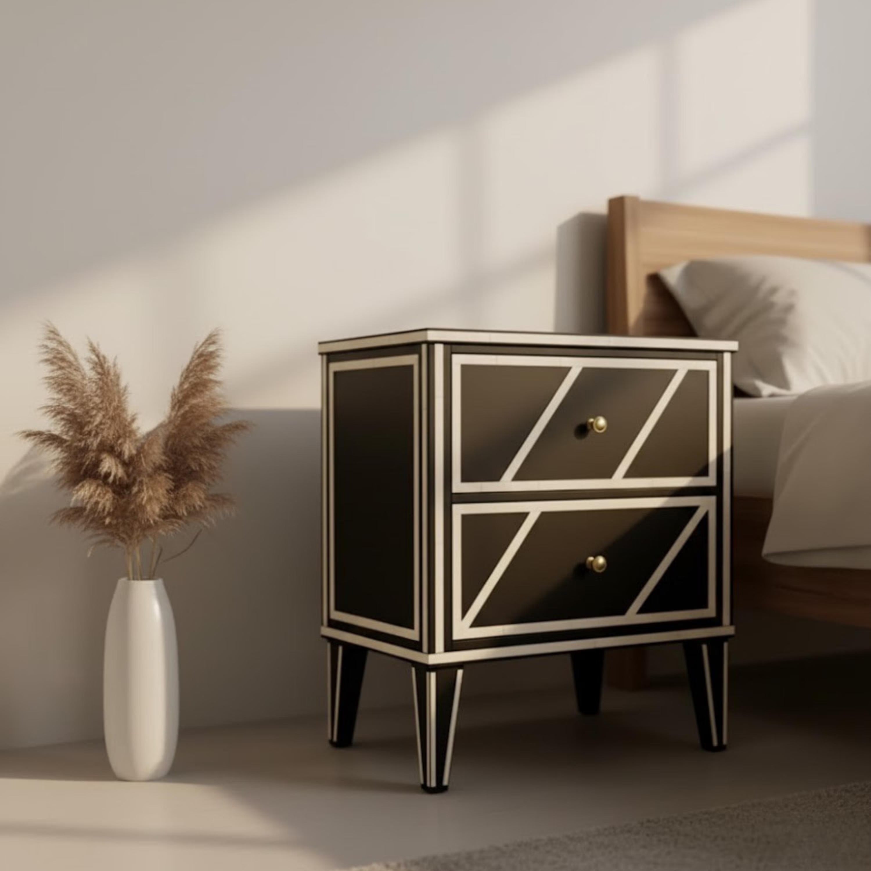 Luxury Blue Bone Inlay Nightstand | Handmade Geometric Bedside Table | Bedroom & Living Room Accent Furniture