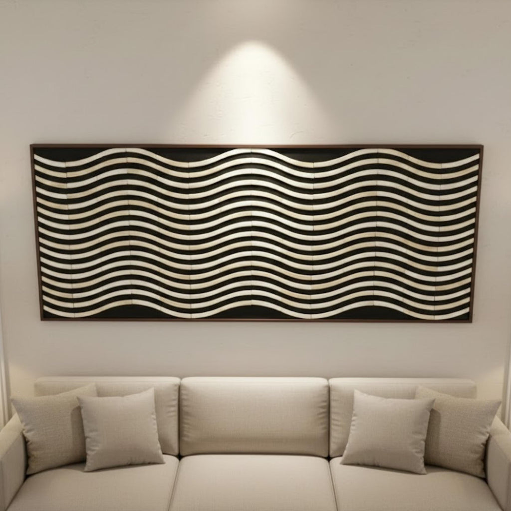 Large Bone Inlay Wave Wall Panel – Handmade 50×24 Resin Artwork for Elegant Home Décor, Modern Minimalist & Coastal Style Spaces