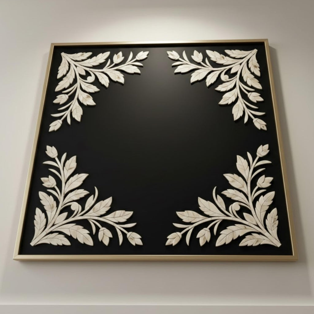 Handmade Bone Inlay Corner Floral Wall Panel | Black & White Resin Art for Modern, Minimalist & Boho Home Décor