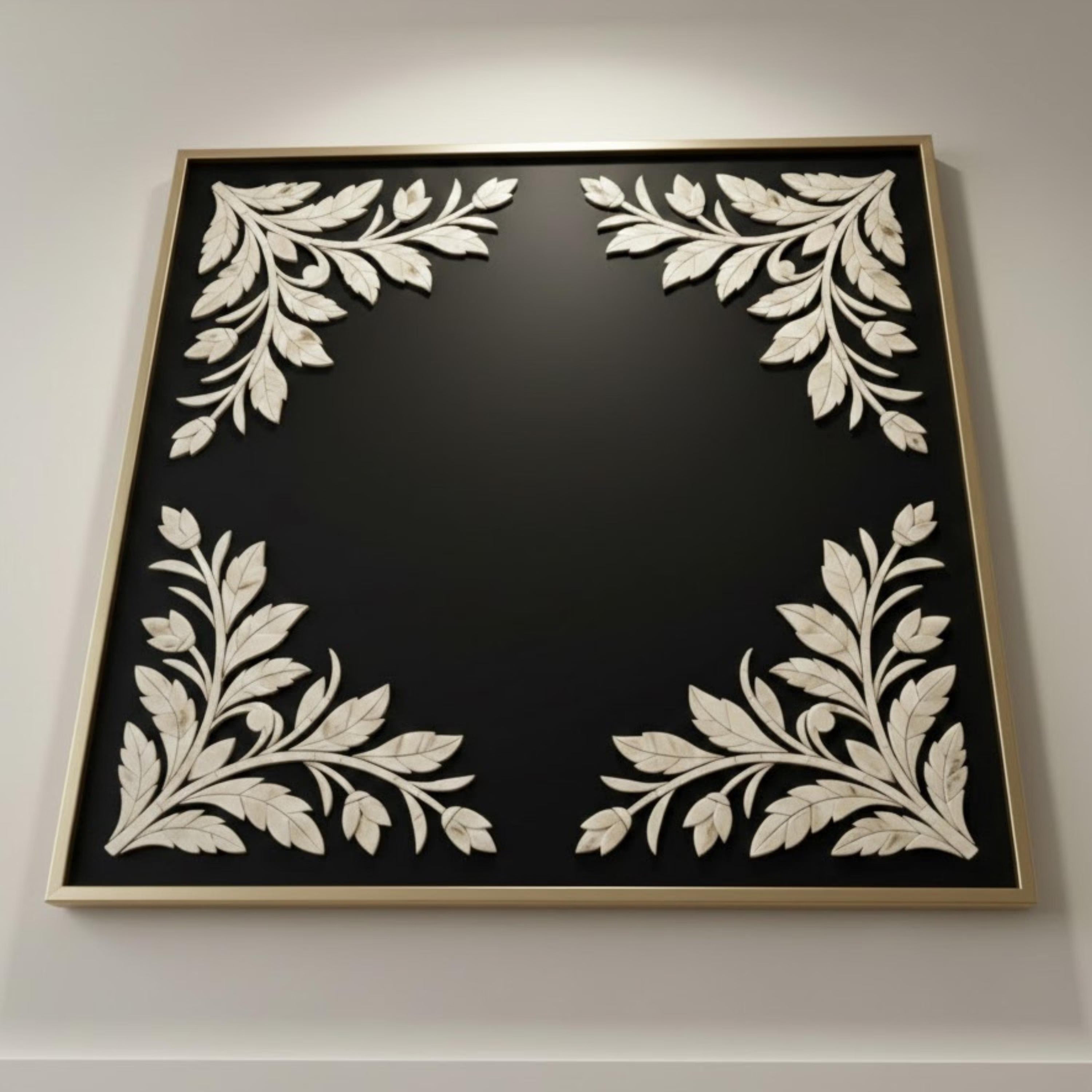 Handmade Bone Inlay Corner Floral Wall Panel | Black & White Resin Art for Modern, Minimalist & Boho Home Décor