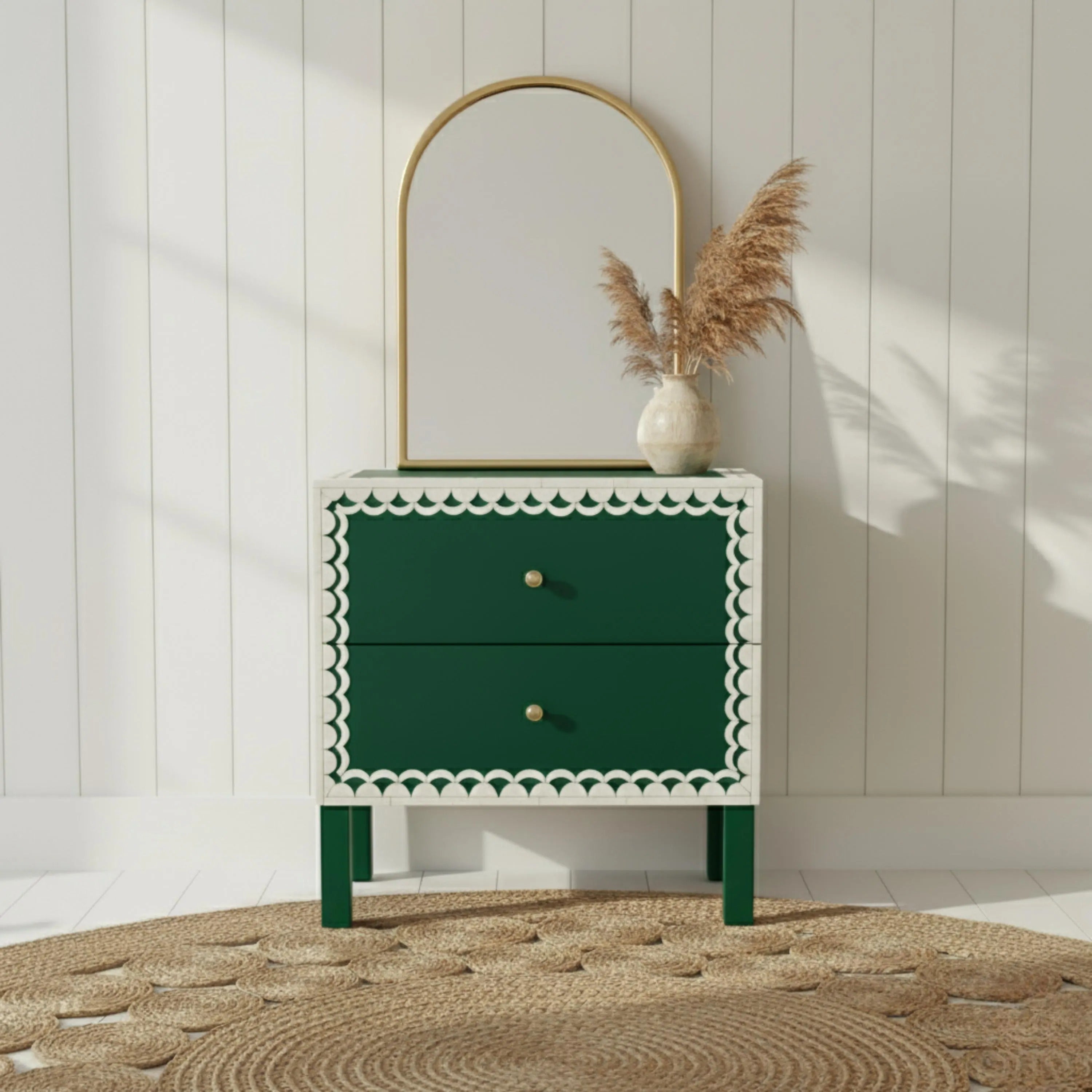 Bone Inlay Nightstand | Green Resin Bedside Table with Drawers | Handmade Decorative Accent Table for Bedroom & Living Room