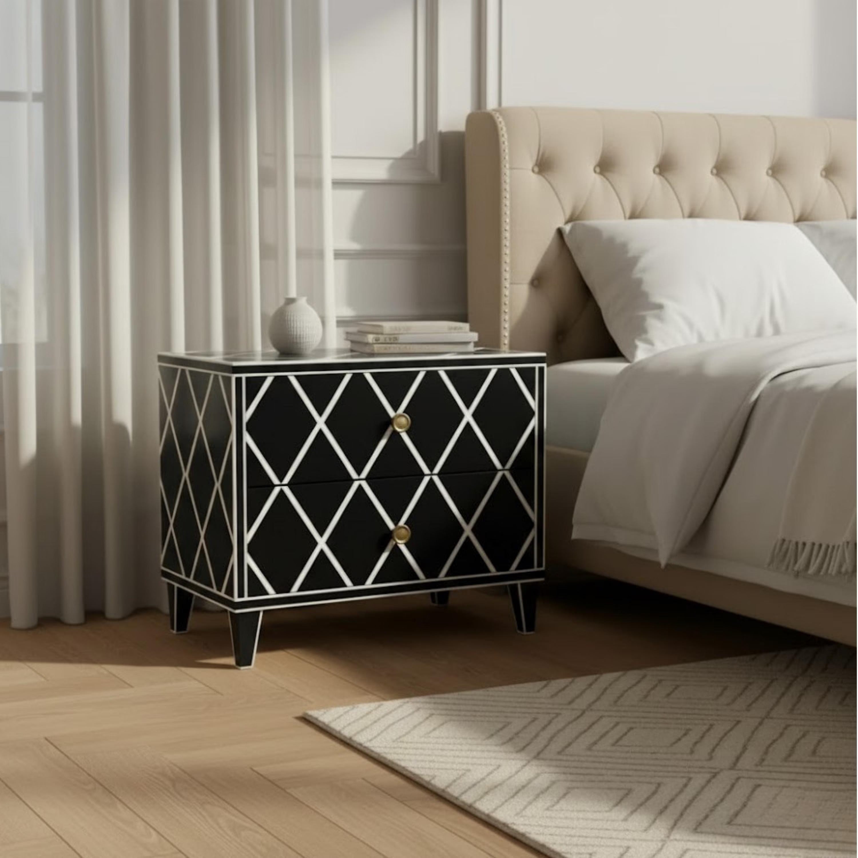 Green Bone Inlay Bedside Table | Handmade Diamond Design Nightstand | Premium Indian Bedroom Furniture