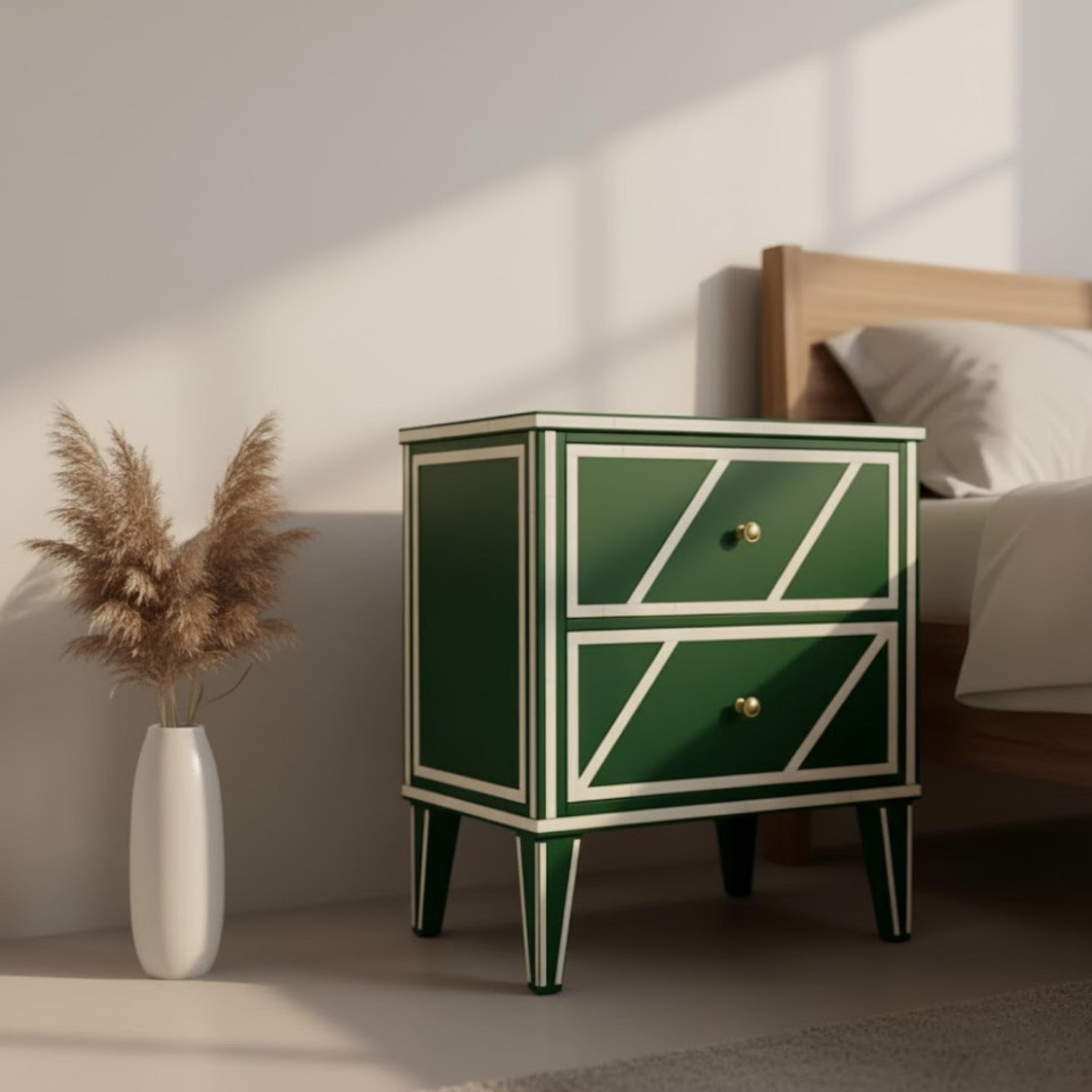 Luxury Blue Bone Inlay Nightstand | Handmade Geometric Bedside Table | Bedroom & Living Room Accent Furniture