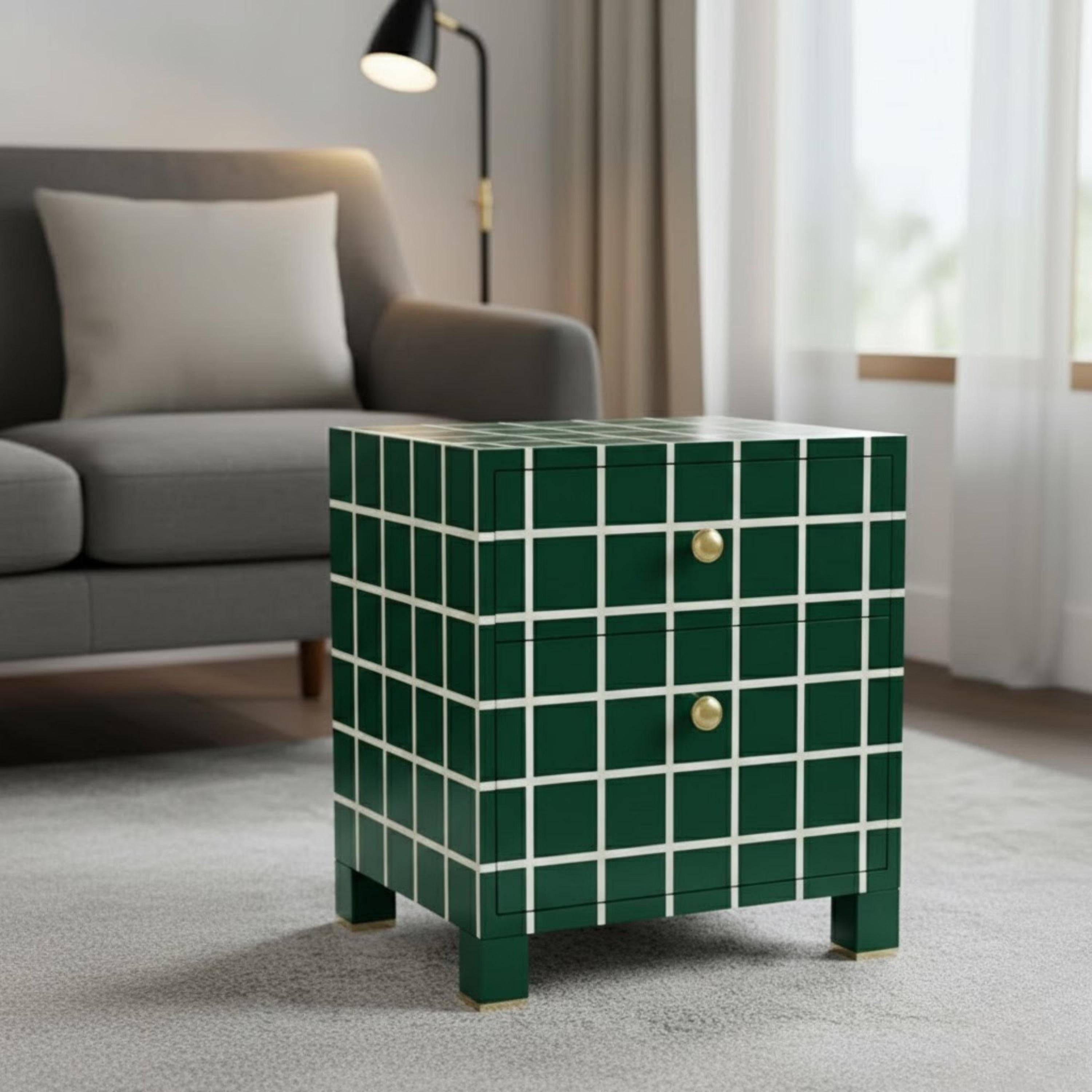 Bone Inlay Resin Nightstand | Handmade End Table | Premium Indian Furniture for Bedroom & Living Room