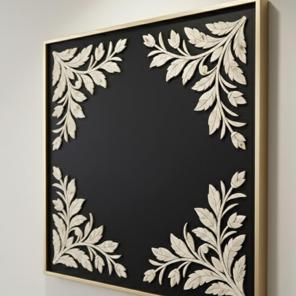 Handmade Bone Inlay Corner Floral Wall Panel | Black & White Resin Art for Modern, Minimalist & Boho Home Décor