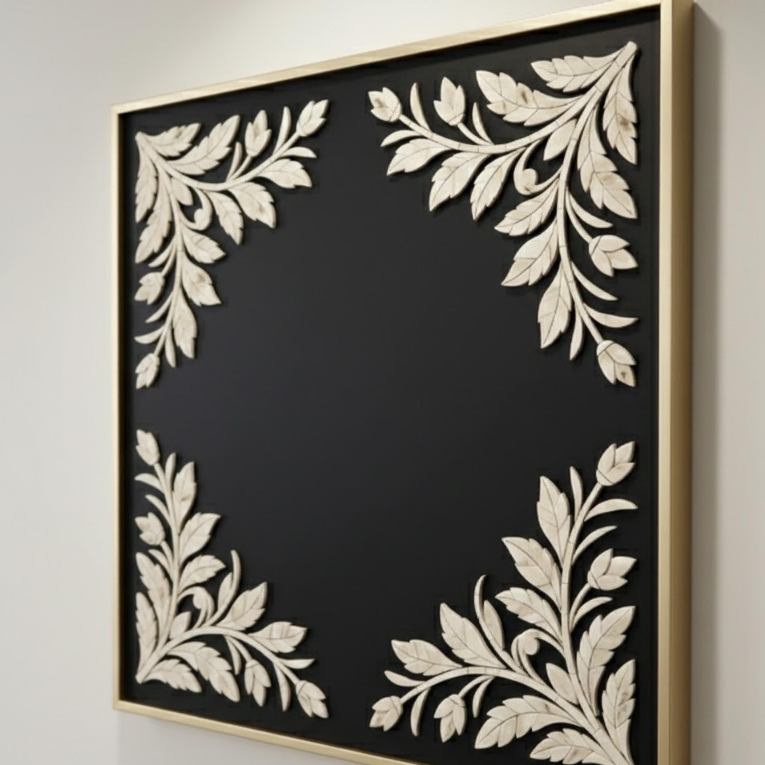Handmade Bone Inlay Corner Floral Wall Panel | Black & White Resin Art for Modern, Minimalist & Boho Home Décor
