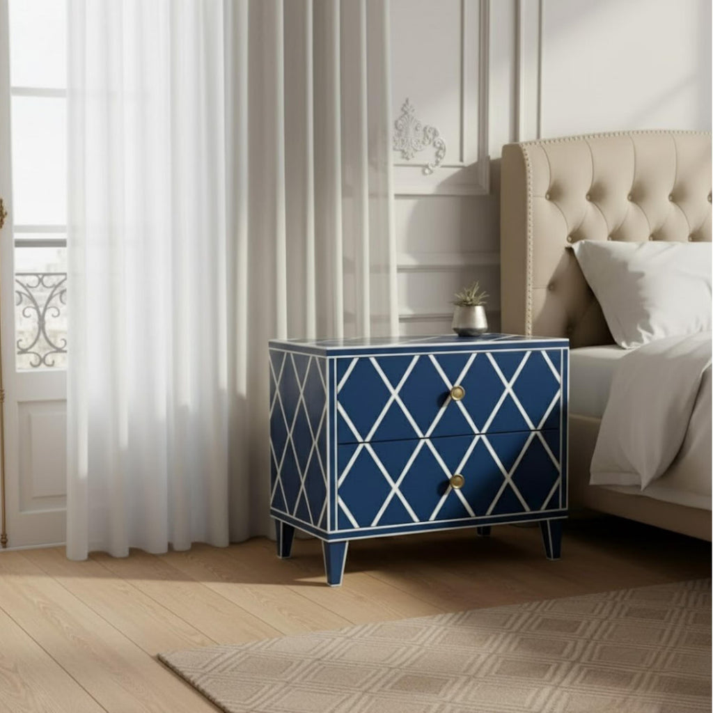 Green Bone Inlay Bedside Table | Handmade Diamond Design Nightstand | Premium Indian Bedroom Furniture