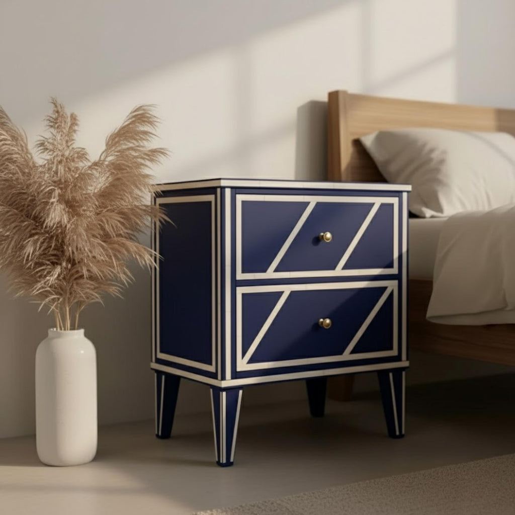 Luxury Blue Bone Inlay Nightstand | Handmade Geometric Bedside Table | Bedroom & Living Room Accent Furniture