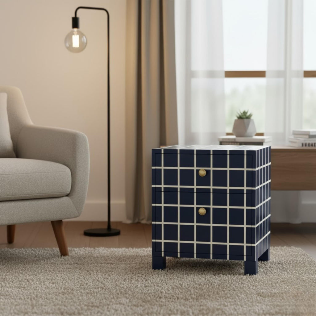 Bone Inlay Resin Nightstand | Handmade End Table | Premium Indian Furniture for Bedroom & Living Room