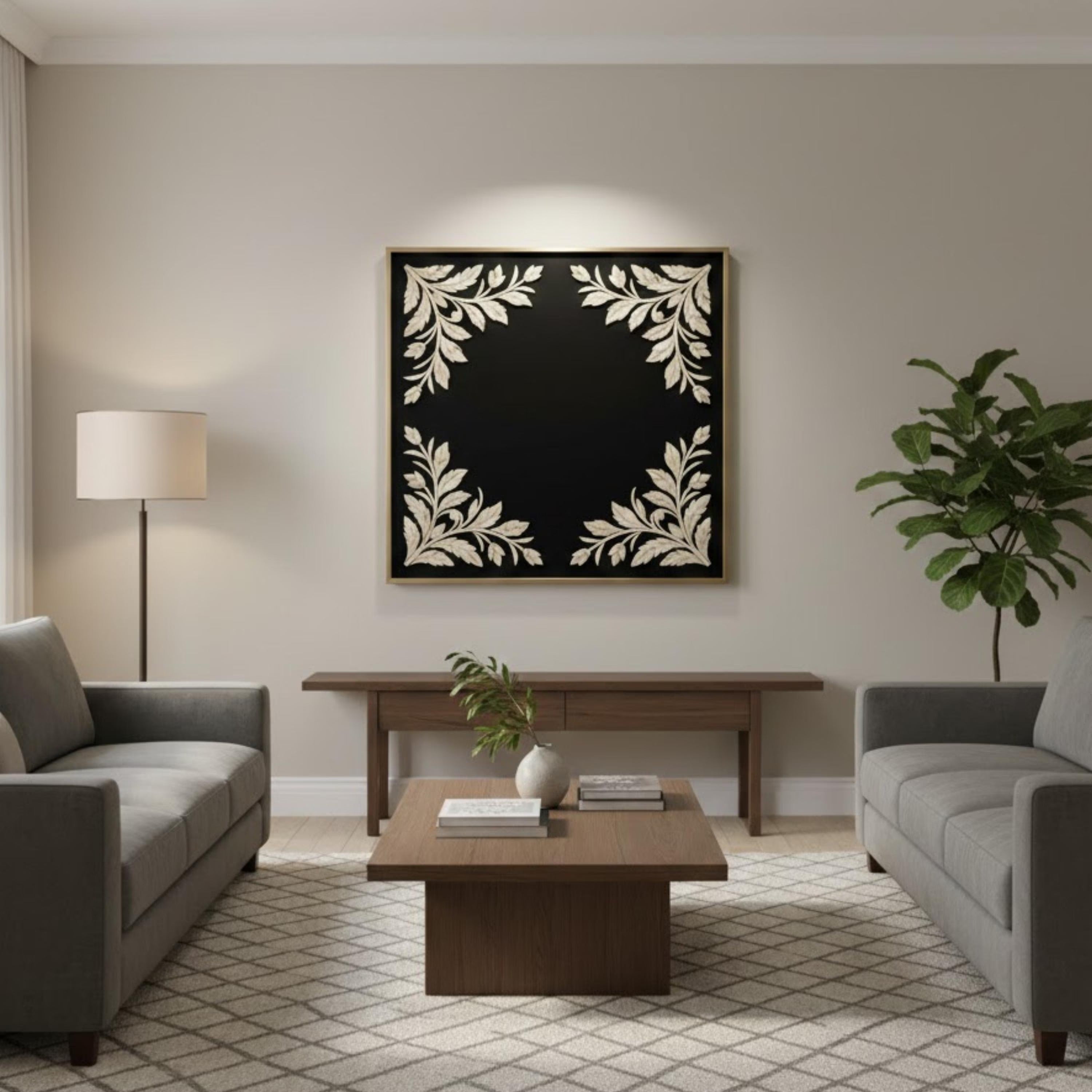 Handmade Bone Inlay Corner Floral Wall Panel | Black & White Resin Art for Modern, Minimalist & Boho Home Décor