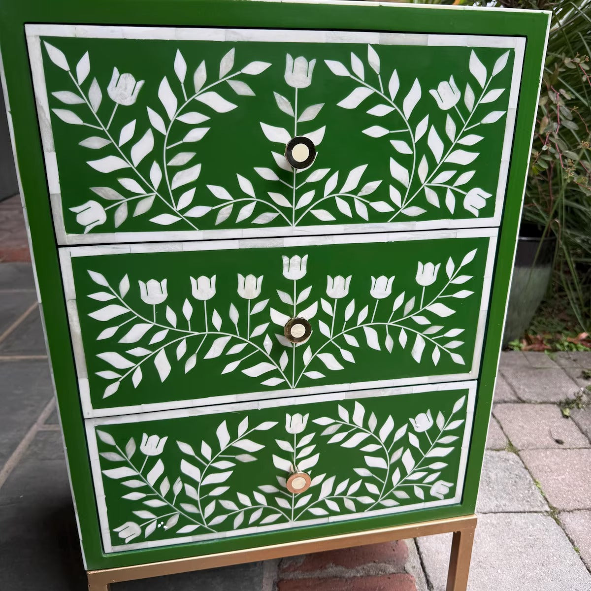 Handmade Green Floral Bone Inlay Nightstand | Resin End Table | Stylish Decorative Furniture for Modern Homes