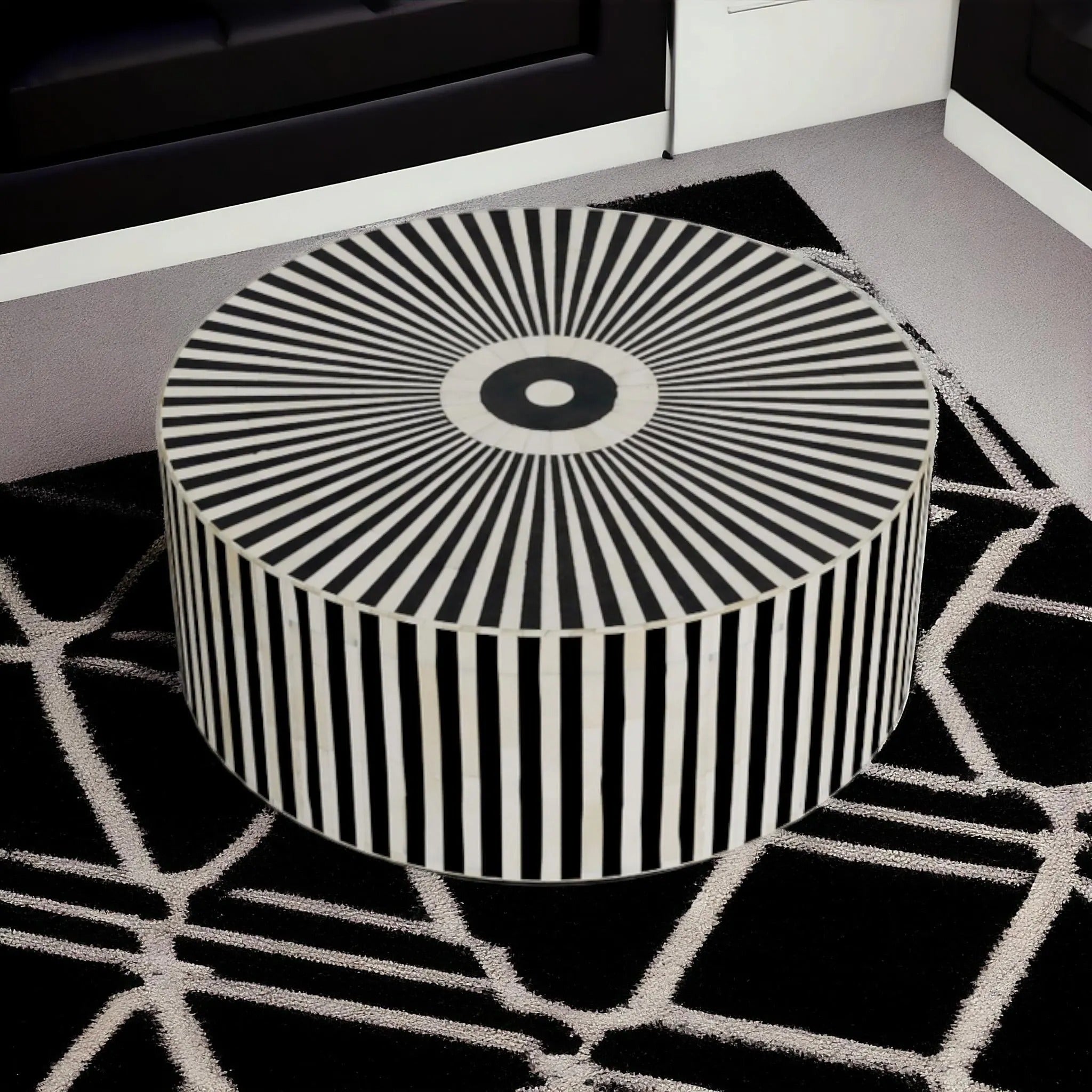 Luxury Handmade Bone Inlay Coffee Table | Geometric Black & White Accent Table | Artistic Inlay Furniture for Home Décor