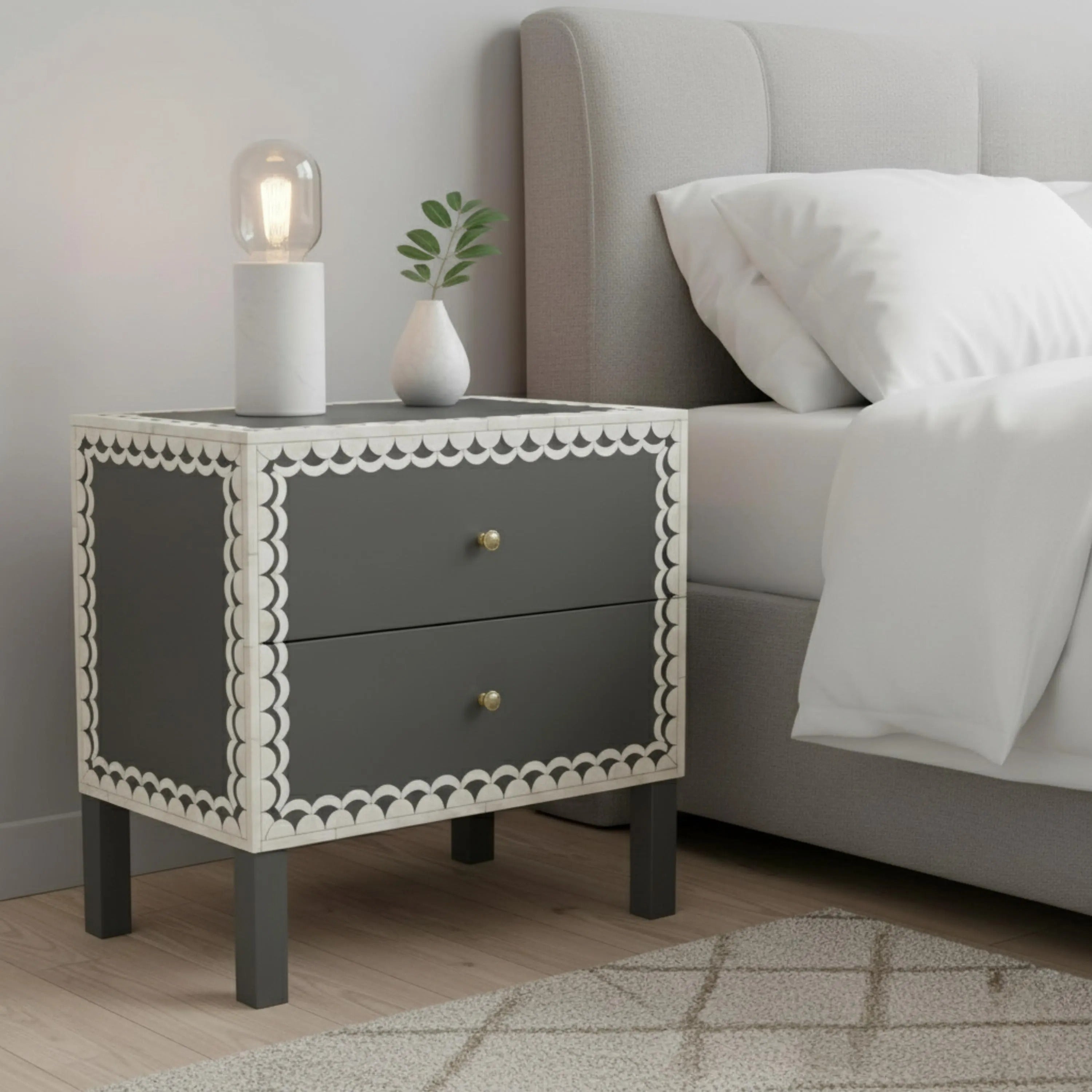 Bone Inlay Nightstand | Green Resin Bedside Table with Drawers | Handmade Decorative Accent Table for Bedroom & Living Room