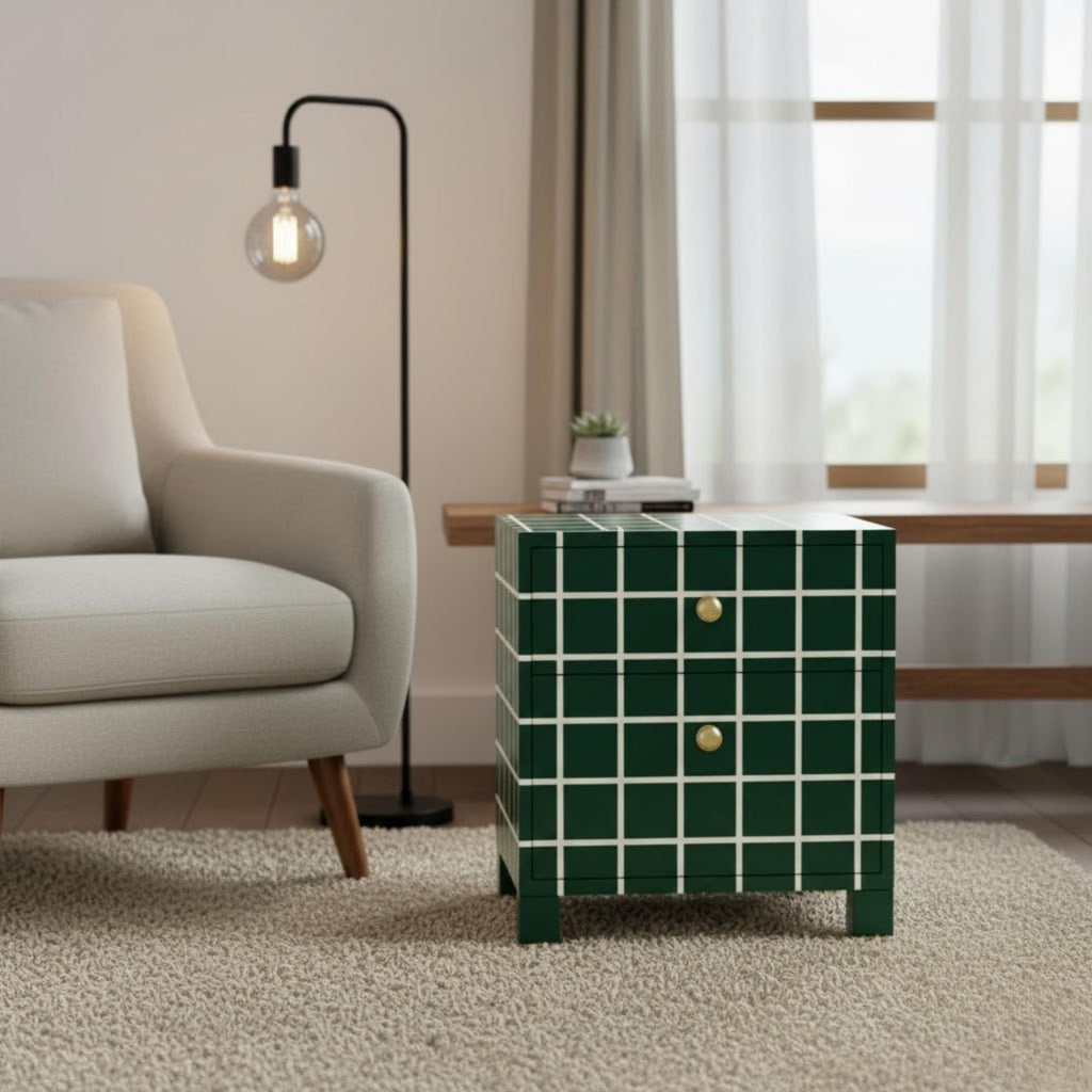 Bone Inlay Resin Nightstand | Handmade End Table | Premium Indian Furniture for Bedroom & Living Room